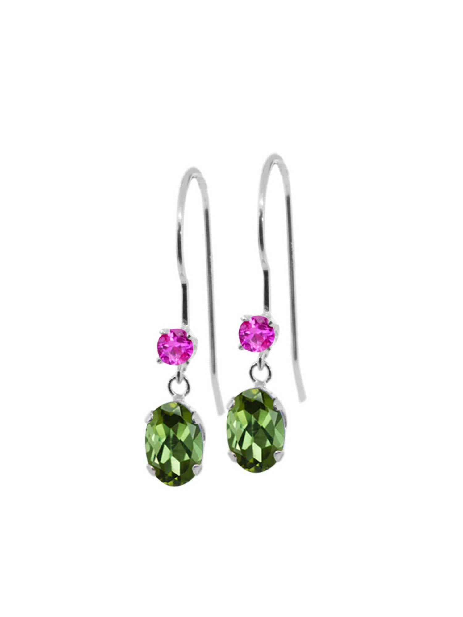 0.96 Ct Oval Green Tourmaline Pink Sapphire 14K White Gold Earrings by