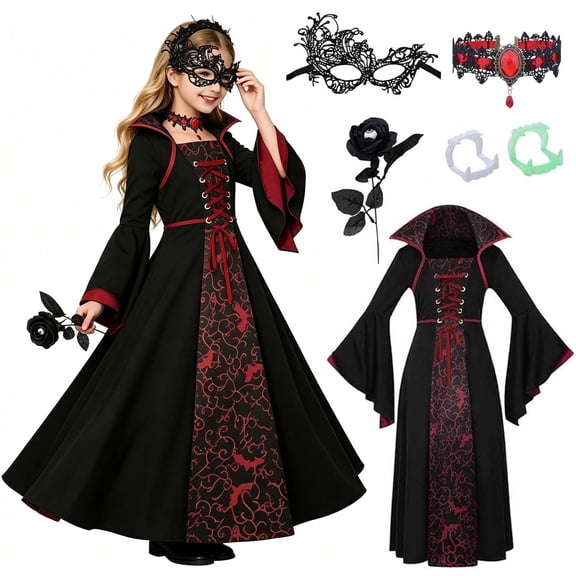 Girls Halloween Vampire Costume Gothic Witch Cosplay Medieval Vintage Gown Long Dress Bell Sleeve Lace Up Stand Collar Printed Complete Accessory Kit