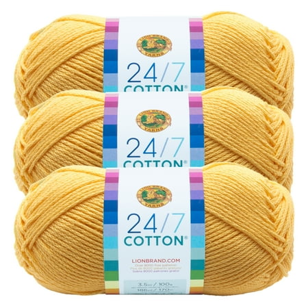 UPC: 0842093103745 | Lion Brand Yarn 24-7 Cotton Lemon Medium Mercerized Cotton Yellow Yarn 3 Pack
