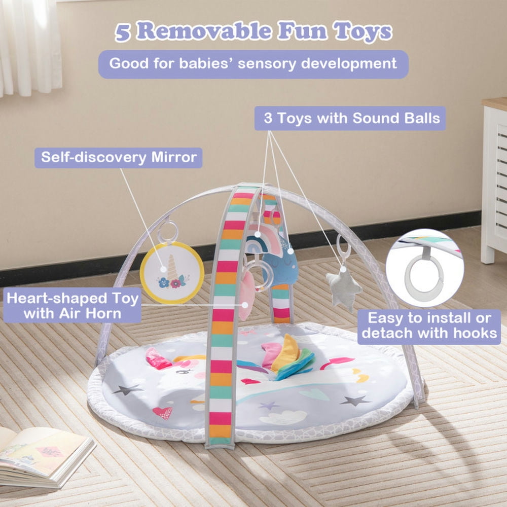 YYAo Baby Gym Play Mat, Baby Playmat Activity Center,Baby Play Gym Mat 7-in-1 Tummy Time Activity Mat with 5 Detachable Toys-Multicolor