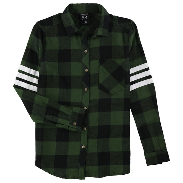 Project 28 Womens 3 stripe Varsity Plaid Button Up Shirt, Green, X-Large