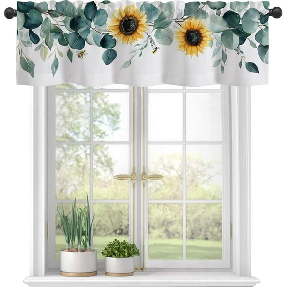 Valances Curtains for Windows,Eucalyptus Leaves and Sunflowers Semi Sheer Curtain Valances, Rod Pocket Short Window Treatment Light Filtering Decor Valances for Kitchen Bedroom - 54"x18"