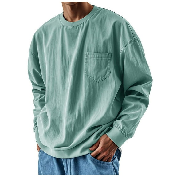Dagegui Men's Long Sleeve Crewneck Sweatshirts Big and Tall Pullover Tops Casual Loose Fit Everyday Shirts with Pocket Mint Green L