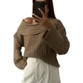 thumbnail image 3 of Women Off Shoulder Sweater Top Long Sleeve Knitted Pullover Casual Loose Oversized Trendy Vintage Knitwear Tops Khaki M, 3 of 8