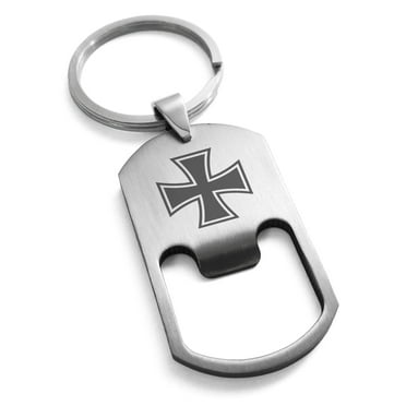 Stainless Steel Pattee Iron Cross Engraved Bottle Opener Dog Tag Keychain Keyring
