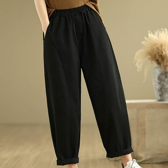 ClodeEU Women Harem Pants, Elastic Waist, Solid Color Relaxed Fit, Comfortable Trousers Black,Womens Plus L