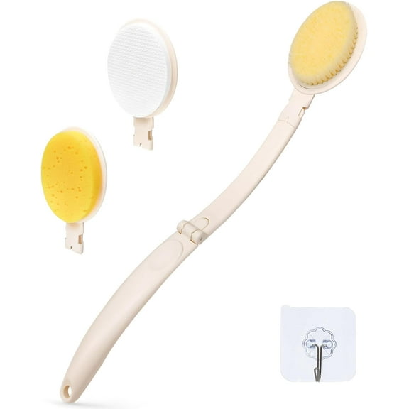 19" Long Handle Shower Sponge Brush Set, 3 in 1 Body Brush, Bath Sponge and Lotion Applicator Improved Skin Health, Suitable for Men and Women (White Brush-1P)