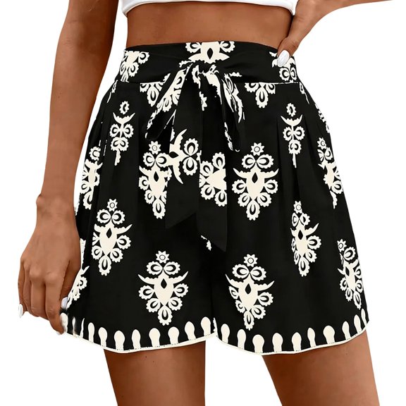 Shorts for Women Graphic Printed High Waist Baggy Tie Shorts Lightweight Wide Leg Summer Beach Pull On Pants