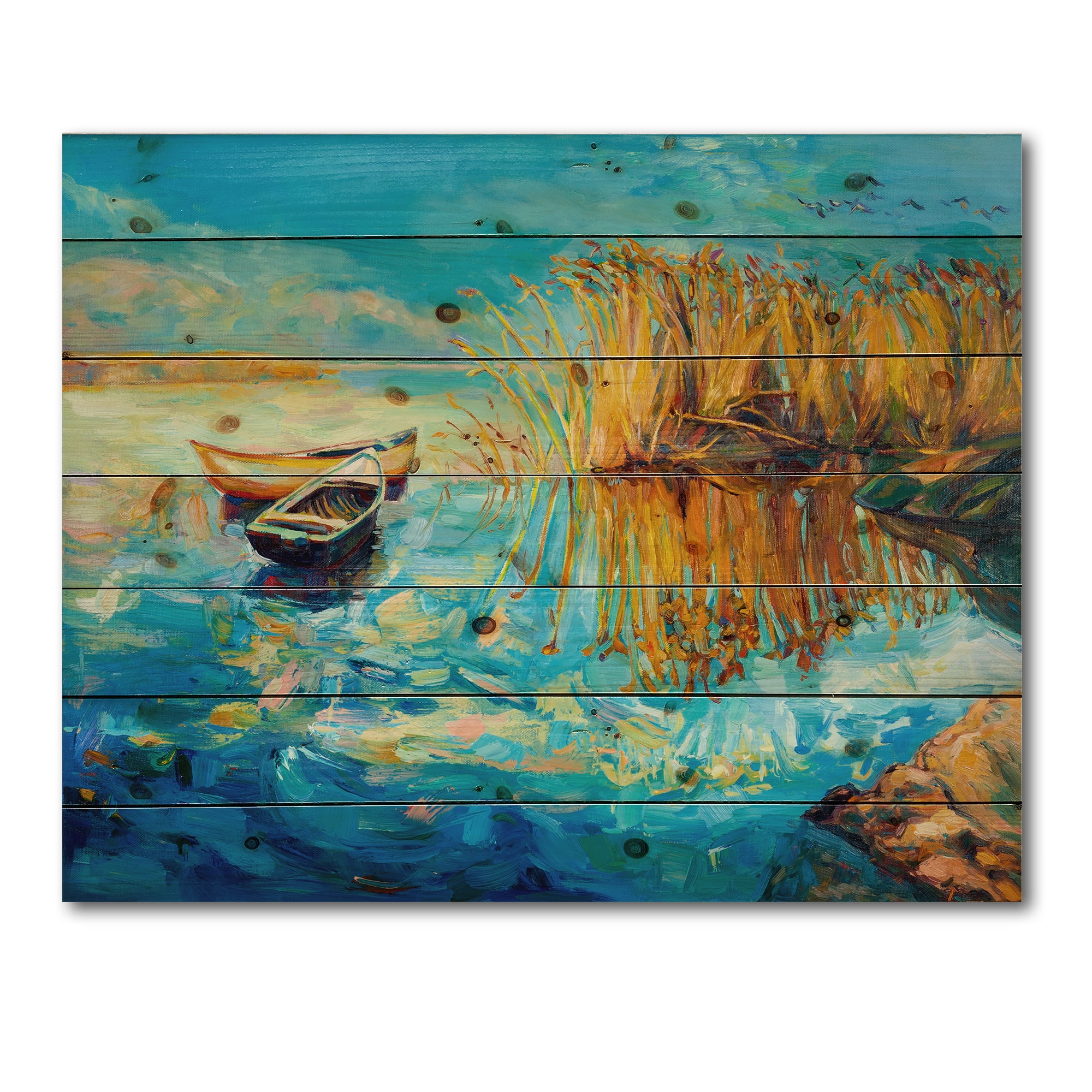 Designart 'Orange Trees With Turquoise Lake During Sunset' Nautical & Coastal Print on Natural Pine Wood