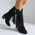 thumbnail image 2 of Suede Cowboy Boots for Women Trendy Fringe Studded Zip up Heeled Wide Calf Boots Winter Mid Calf Booties, 2 of 8
