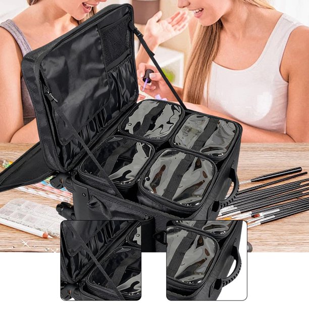 Maletín de maquillaje con ruedas y 4 bolsas extraíbles. Maletín de viaje versátil para maquilladores. Maleta con ruedas para cosmetología. ruedas de avión