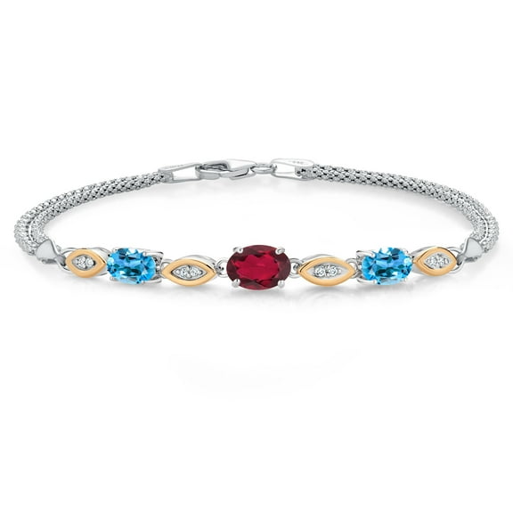 925 Silver and 10K Yellow Gold Ruby Red Mystic Topaz and Swiss Blue Topaz and White Lab Grown Diamond Bracelet for Women (1.96 Cttw, Gemstone November Birthstone, Oval, Wheat Chain, 6.5 inches)