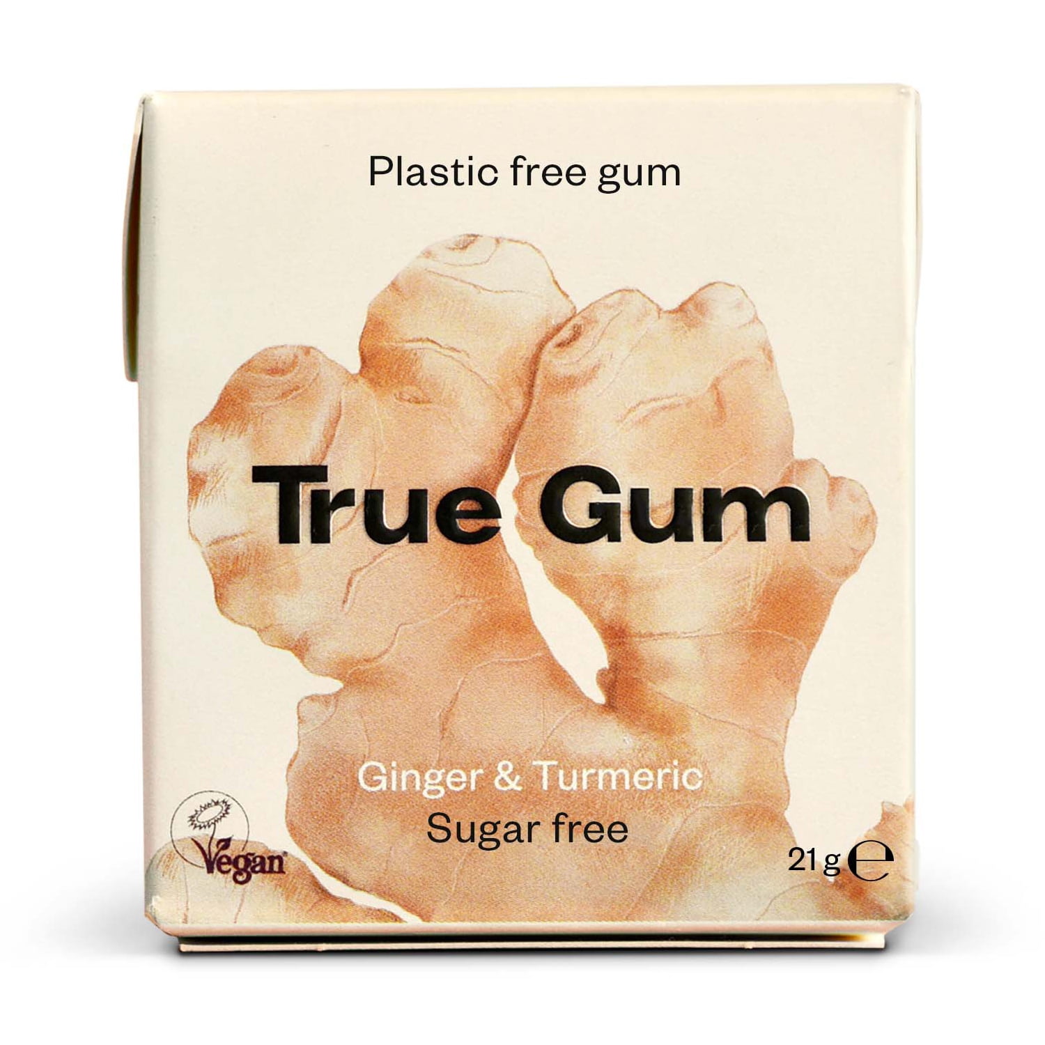True Gum Plastic Free Chewing Gum Ginger & Turmeric Biodegradable 21g (Box of 24)