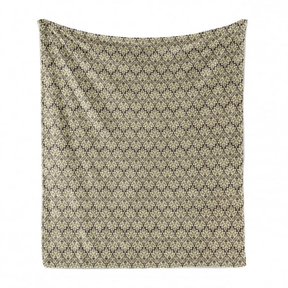 Ethnic Soft Flannel Fleece Blanket, Traditional Floral Pattern Monochrome Abstract Leaves and Paisley Motifs, Cozy Plush for Indoor and Outdoor Use, 50" x 60", Eggplant Pale Yellow, by Ambesonne