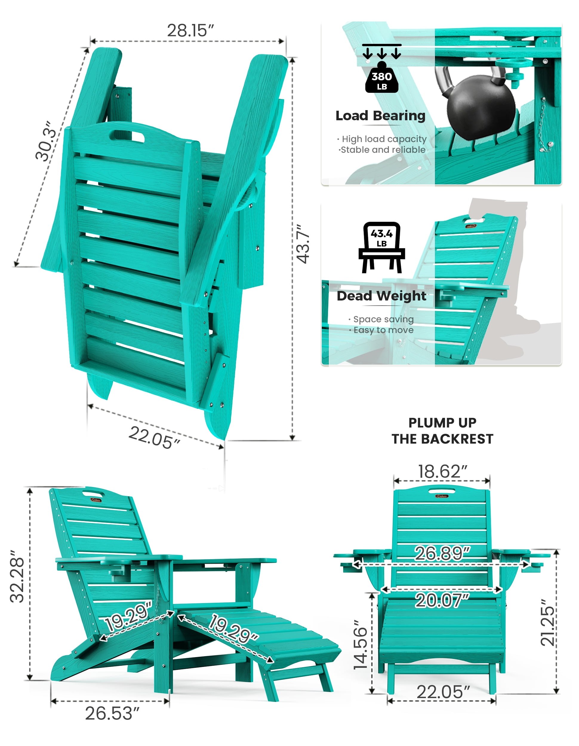 Folding Adirondack Chair Set of 2 with Retractable Ottoman Footrest, Wood Grain HDEP All Weather Fire Pit Chair with 2 Cup Holders for Outdoor, Aqua