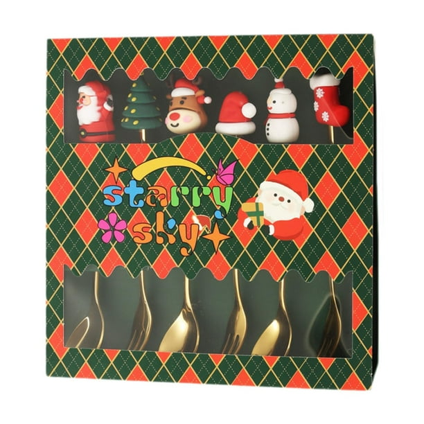 Juego de cucharas y tenedores navideños, cucharas para café, postres y leche, regalo navideño multiusos. Caja verde dorada