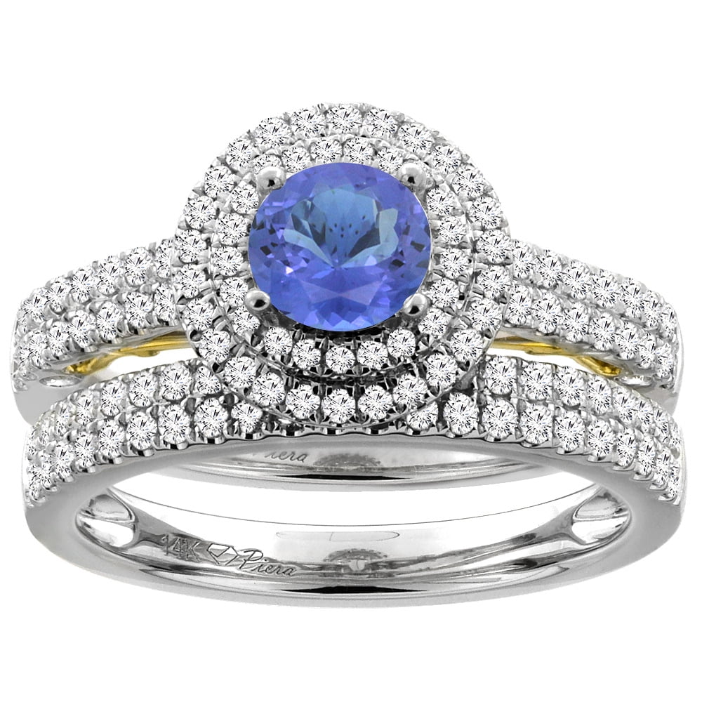 14K White Gold Diamond Natural Tanzanite Halo Engagement Bridal Ring Set Round 6 mm, size 5 by Gabriella Gold