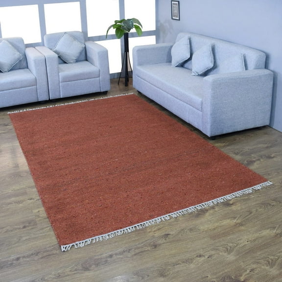 Rugsotic Carpets Hand Woven Flat Weave Kilim Cotton & Polyester Eco-Friendly Area Rugs - 3'X5', Rectangle, Rust, Plain Solid Design, Low Pile Handmade Area Rugs For Living Room, Bed Room (Dcp111)
