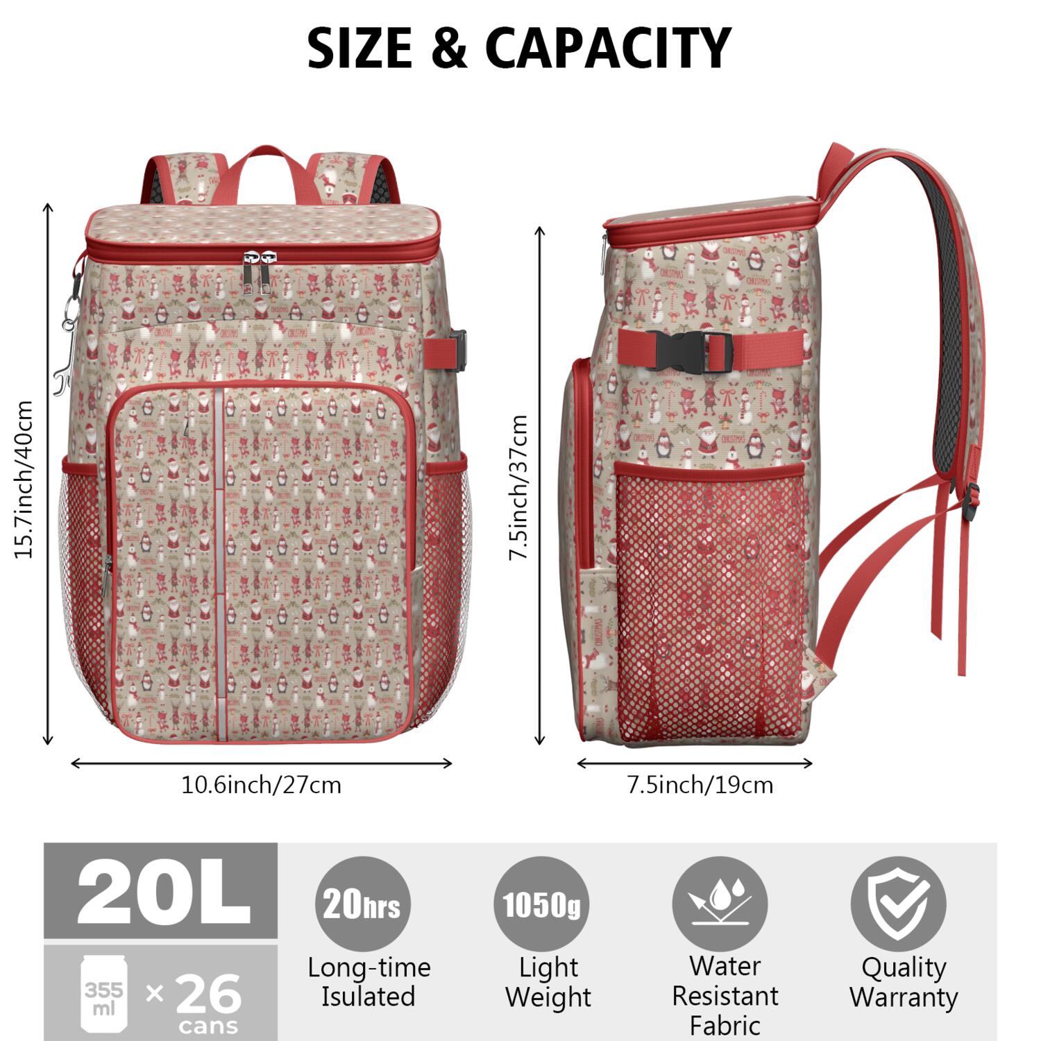 Travel Cooler Bag - Beige Christmas Character Pattern Camping Beer Cooler Backpack with Bottle Opener- Waterproof Insulated Picnic Backpacks - Cooler Bag for Beach