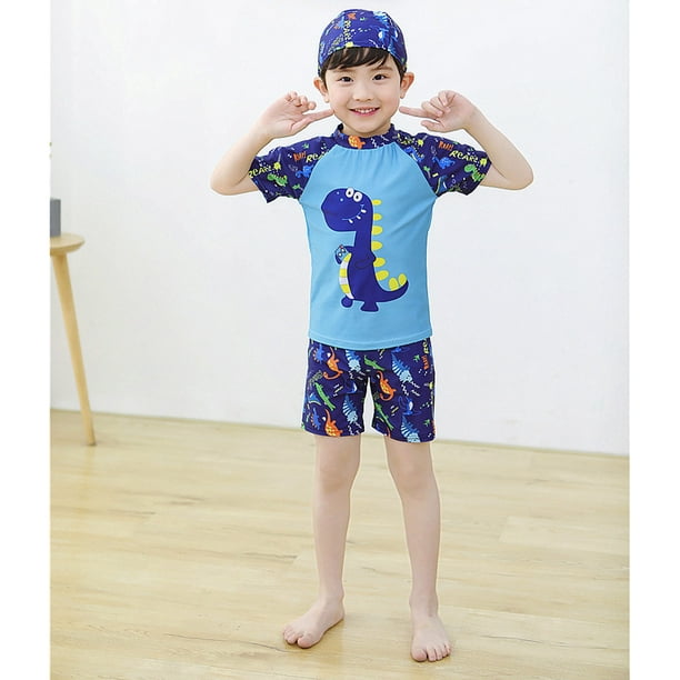 EDTara Kids Boys Short Sleeve Rashguard Swim Shirt and Trunks Bathing Suit  with Swimming Cap 