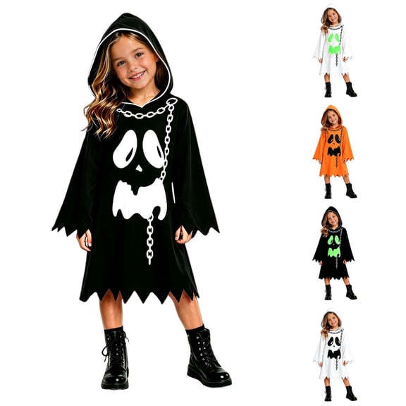 REDARER Kids Halloween Ghost Hooded Costume Dress with Ghost Print Chain Decor Jagged Hem Long Bell Sleeve for Trick or Treat Cosplay Party School Dress‑Up Outfit,7-8 Years