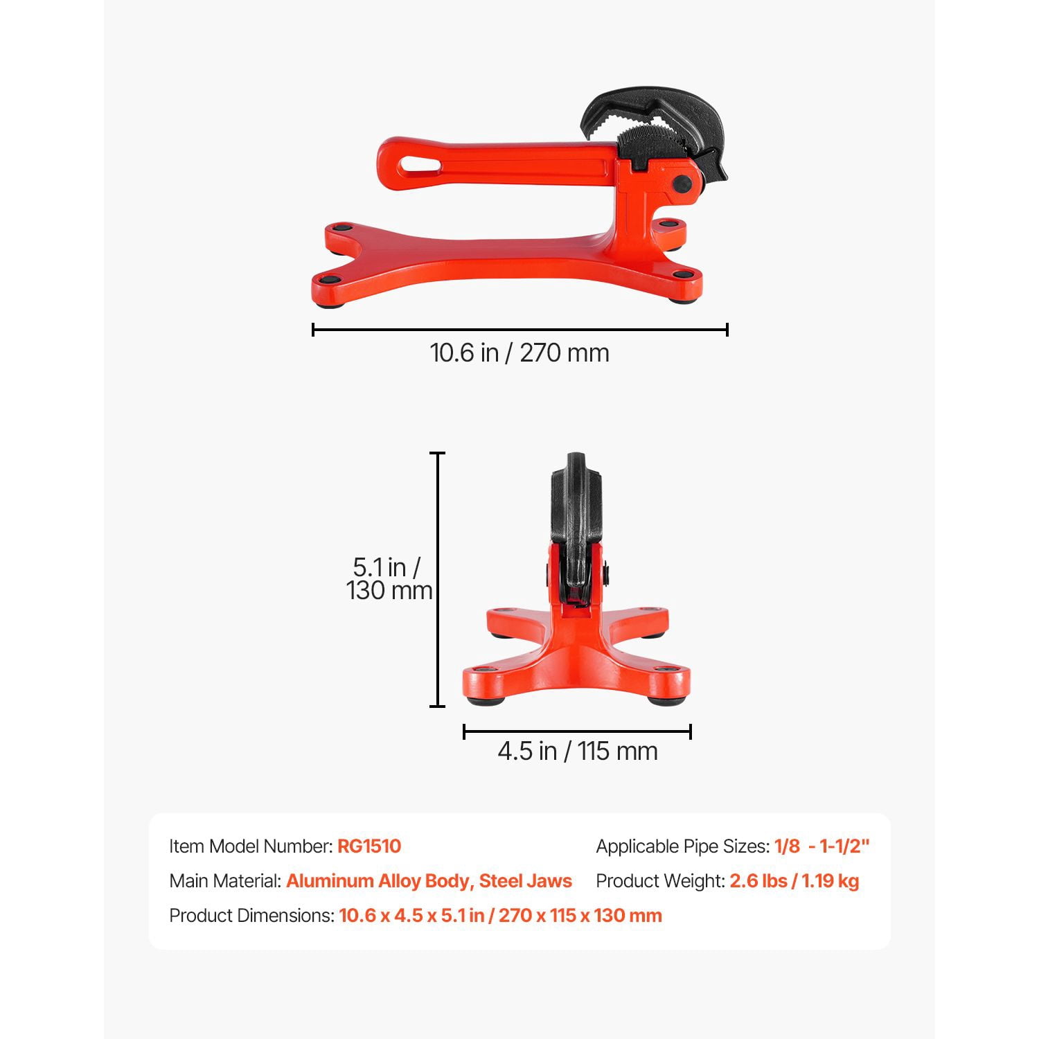 Portable Pipe Vise 1/8-1-1/2 Inch Capacity Aluminum Alloy Anti-Slip Clamping Lightweight 2.62 lbs Detachable Jaws for Plumber DIY
