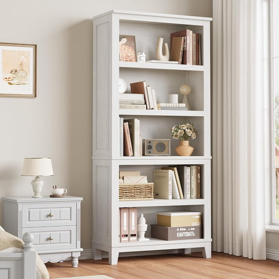 71 Inch Tall 5-Tier Farmhouse Bookcase with Adjustable Shelves Wooden Bookshelf 31.5 Inch Wide for Living Room Office Library, White