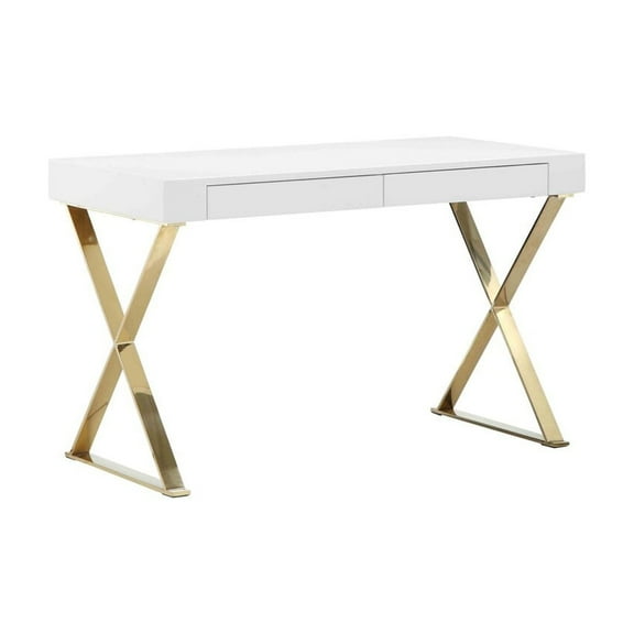 Benjara Rix 47" Office Desk- 2 Drawers- Gold Metal Base- Rectangular- White