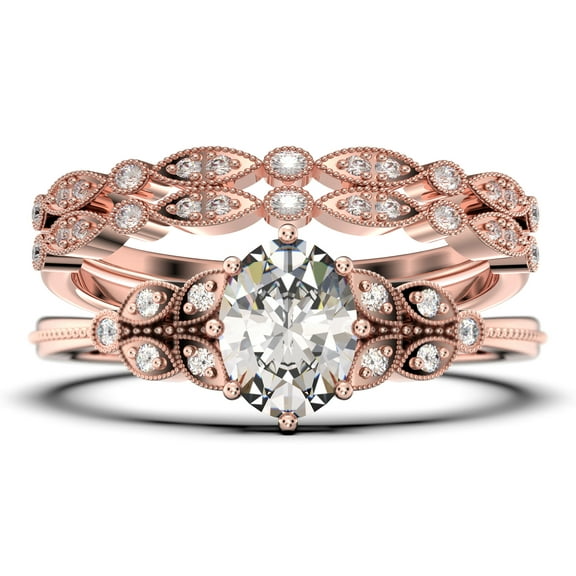 Gorgeous Boho & hippie 2.25 Carat Oval Cut Vintage Look Diamond Moissanite Engagement Ring Set, Wedding Ring in 10k Solid White Gold, Gift For Her, Promise Ring, Trio set