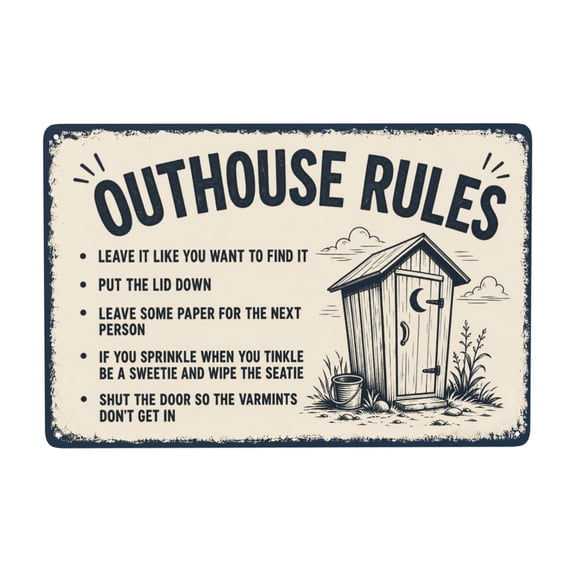 Metal Outhouse Rules Sign 8x12 Inch - Rustic Vintage Wall Decor for Bathroom or Outdoor Use - Weather Resistant Finish, Easy Hanging with Pre-Drilled Holes - Humor Sign for Home Decoration