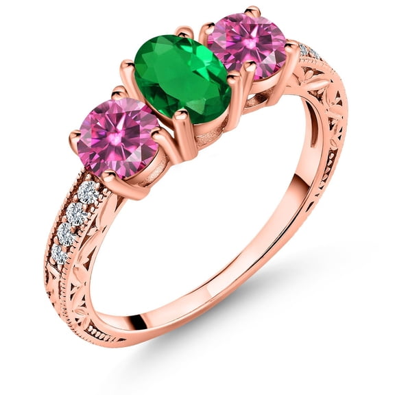 Gem Stone King 18K Rose Gold Plated Silver 3-Stone Ring Oval Green Nano Emerald and Vivid Pink Moissanite (1.72 Cttw, Size 9)