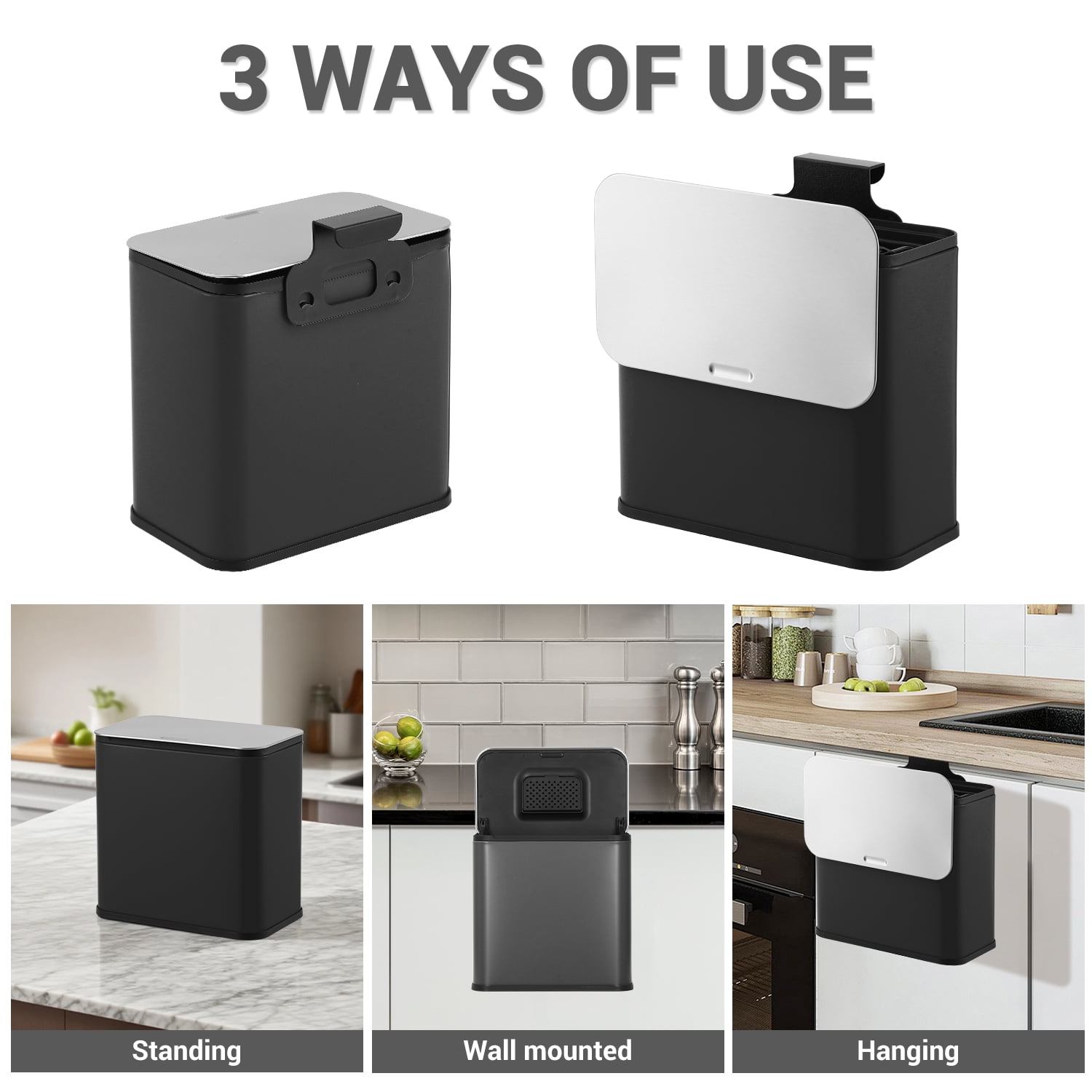 1.3 Gallon Stainless Steel Kitchen Waste Bin Compact Small Trash Can Durable Garbage Bin for Countertop Under Sink Bathroom Bedroom Cupboard - Black