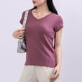 thumbnail image 4 of VgaVtl Tee Shirts for Women Plus Size V-Neck Short Sleeve Cotton Tops for Juniors Layering Slim Plain Stretch Shirts,Purple XL, 4 of 6
