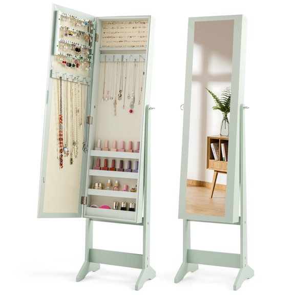 Gymax Mirrored Jewelry Armoire Standing Jewelry Cabinet w/ Full-Length Mirror Inner Makeup Mirror
