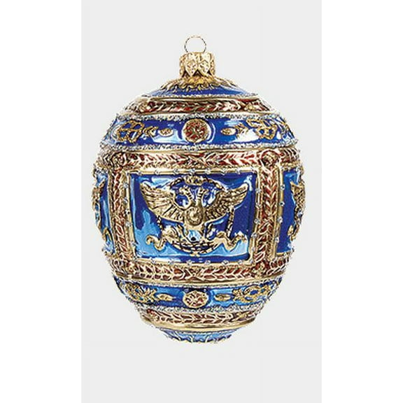 Blue Imperial Napoleon Egg Faberge Inspired Polish Blown Glass Holiday Ornament