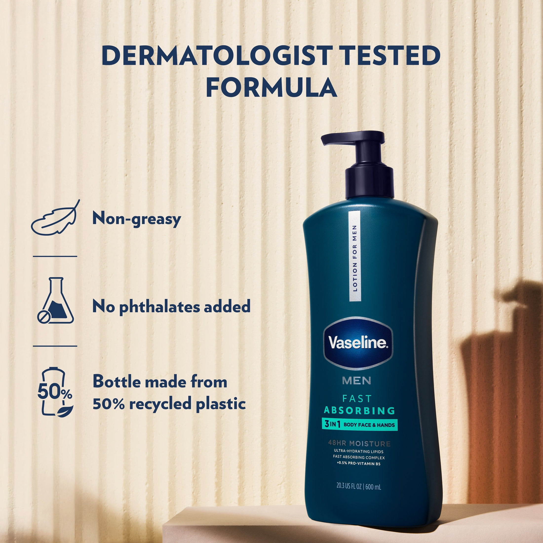 Vaseline Men Fast Absorbing 3-in-1 Face, Hands & Body Lotion For Men, For Dry Skin, Absorbs in Just 15 Seconds for Moisturized Skin, 20.3 Fl oz