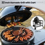 Brand Man 22 Kamado Charcoal Smoker Grill with Rolling Cart, Warming Rack, Pizza Stone & Vegetable Basket for Outdoor BBQ