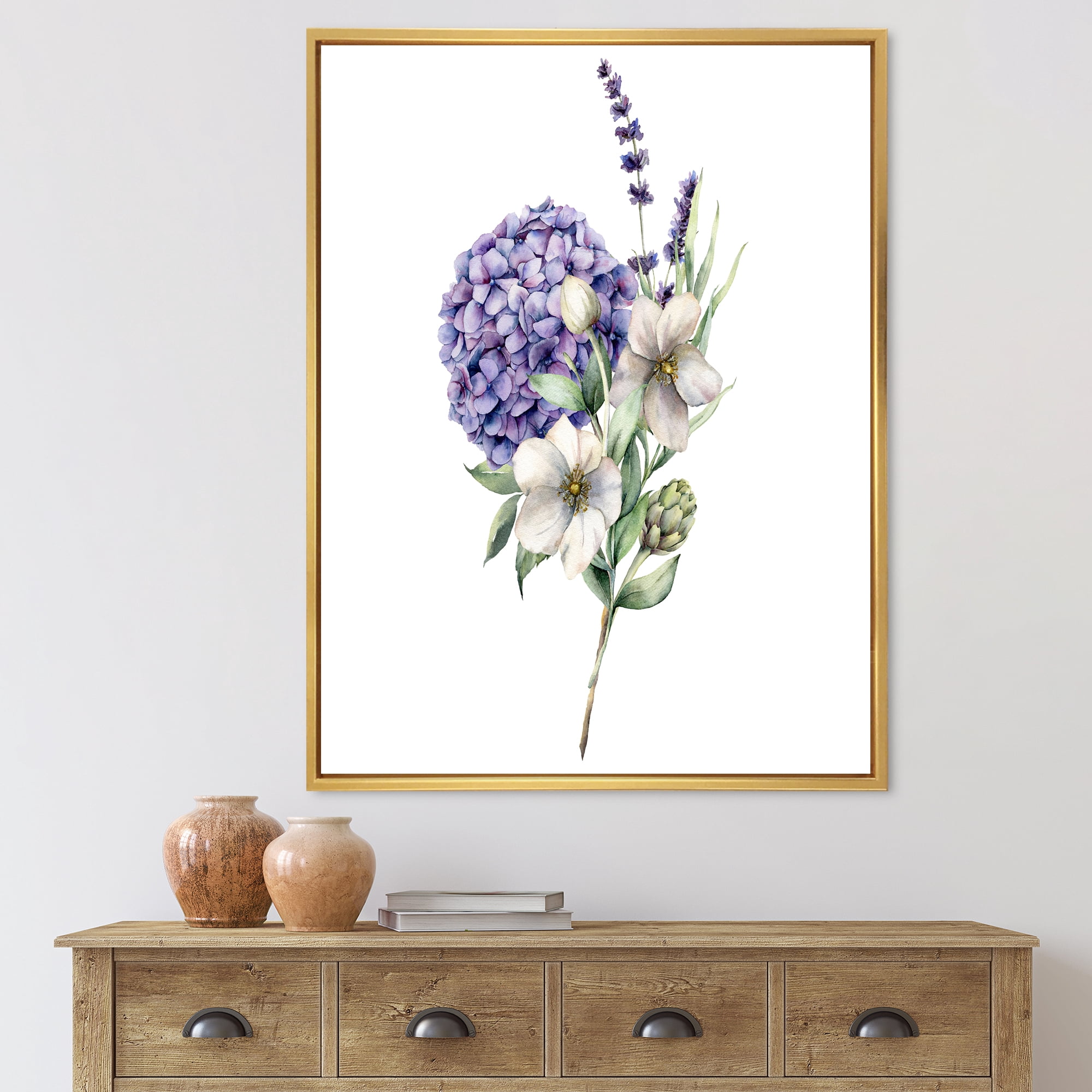 Designart 'Bouquet Of Lavender Anemone Artichoke & Hydrangea ' Traditional Framed Canvas Wall Art Print