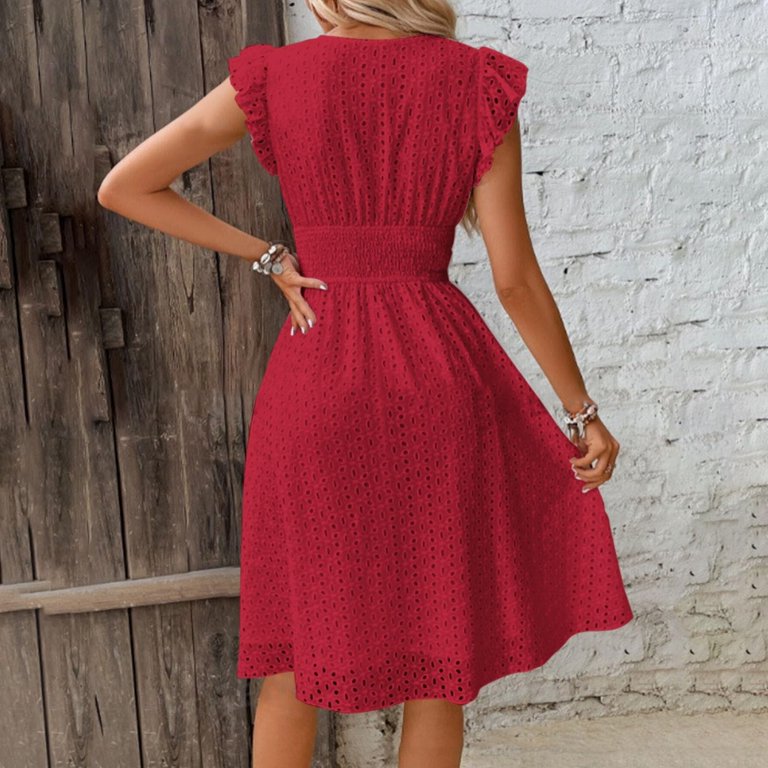 Jzuxvd Women's 2024 Eyelet Lace Embroidery Smocked Waist Party Dress Sexy Flutter Sleeve A Line Midi Long Sun Dress Red L