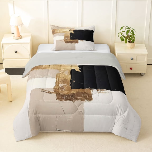 Homewish Gold Black Ombre Twin Comforter Sets,Watercolor Oil Painting Bedding Set,Light Gray Reversible,2pcs,1 Comforter and 1 Pillowcase