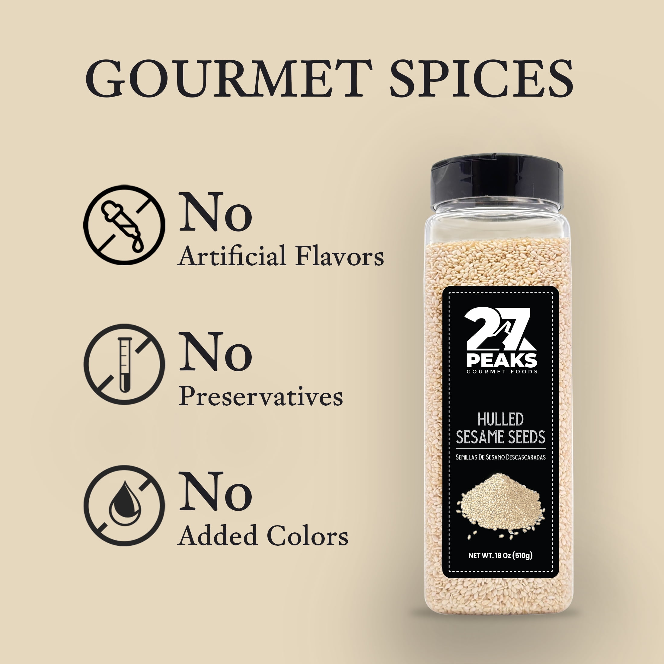 27 Peaks Gourmet Natural Hulled Sesame Seeds, 18 oz Bottle