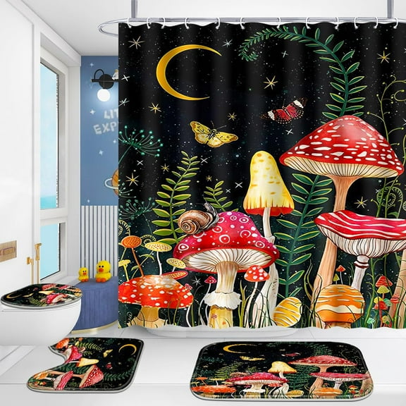 4 Pcs Bathroom Shower Curtain Set,Kid's Bathroom Set,Baby Octopus Shower Curtain Sets with Rugs(Bath Mat,U Shape and Toilet Lid Cover Mat) and 12 Hooks