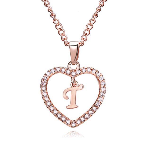 Collar con colgante de corazón de cristal de oro rosa 26 letras Qarigey