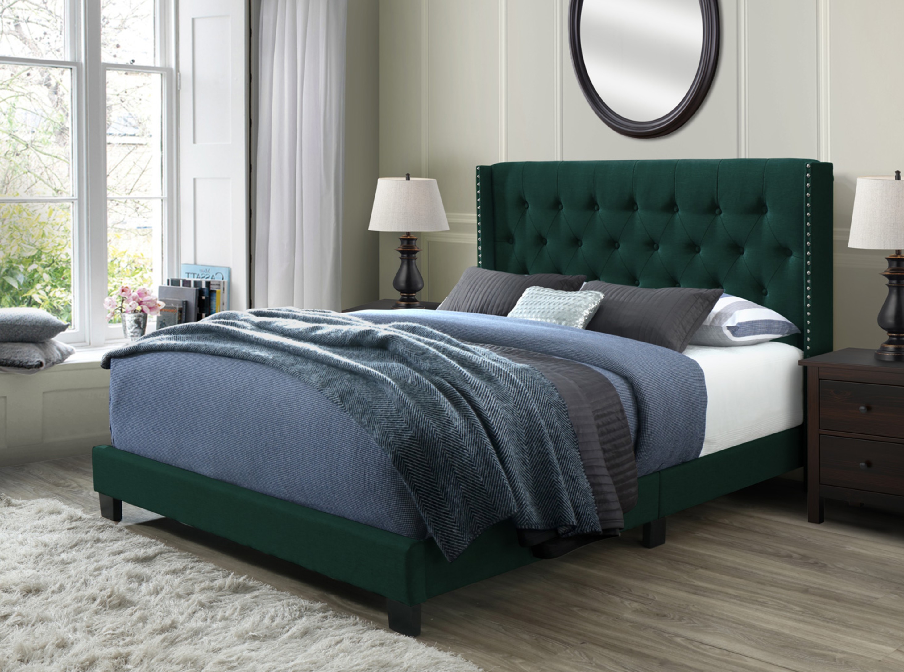 DG Casa Bardy Diamond Tufted Upholstered Panel Bed Frame with Storage Drawers and Nailhead Trim Wingback Headboard Queen Size in Grey Fabric Gray