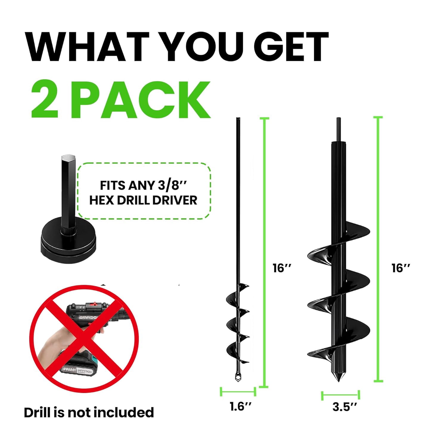A house of tools Auger Drill Bit for Planting 2 Pack 1.6 x 16 Inch & 3.5 x 16 Inch Set – Garden Spiral Hole and Bulb Planter Tool for Umbrella Holes - Compatible with 3/8 Inch Hex Drive