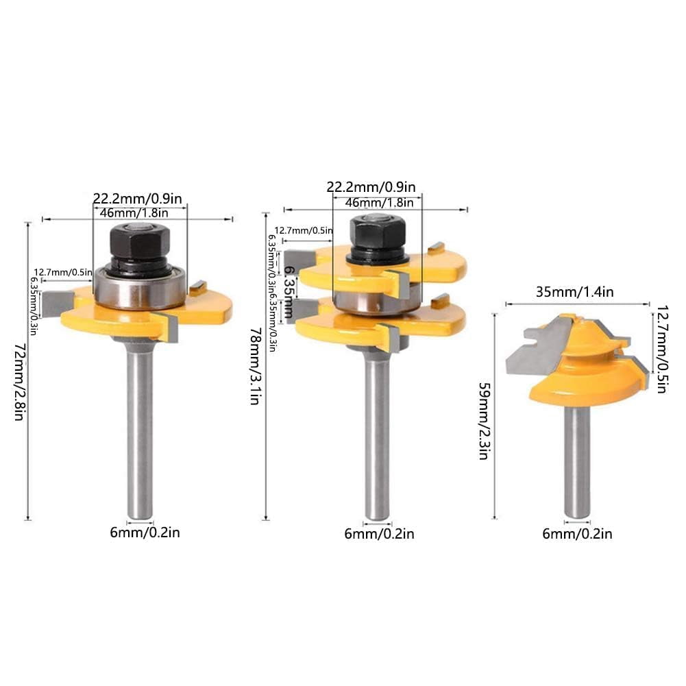 Zgui 3Pcs Router Bits Set 1/4 Inch Shank 45 Degree Miter Router Bit Woodworking Wood Cutter, Wood Carbide Groove Tongue Milling Tool Joint Router Bits Lock Miter Router Bit Wood Milling A418
