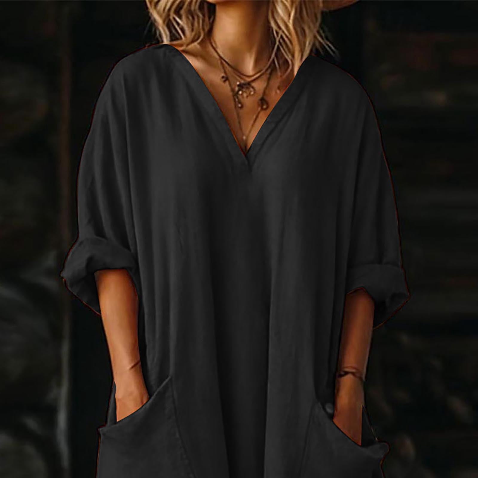 LVHAOGJOB Womens Summer Dresses Long Maxi Dress Cotton Linen for Beach Vacation Solid Color Sundress for Mujer V Neck