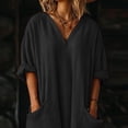 thumbnail image 5 of Tauxra Casual Loose Shift Dress with Pockets, Linen Style V Neck 3/4 Sleeve Irregular Hem for Women, 5 of 7