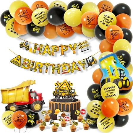69pcs Construction Birthday Party Supplies Construction Theme Party Decorations Set Include Banner, Balloons, Cake Toppers for Kids Excavator Birthday Party