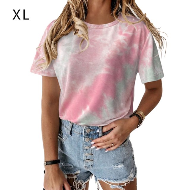 Camiseta de mujer Cuello redondo Manga corta Tie-dye Printed Casual Top, Rosa, XL sidaley AP000470-20
